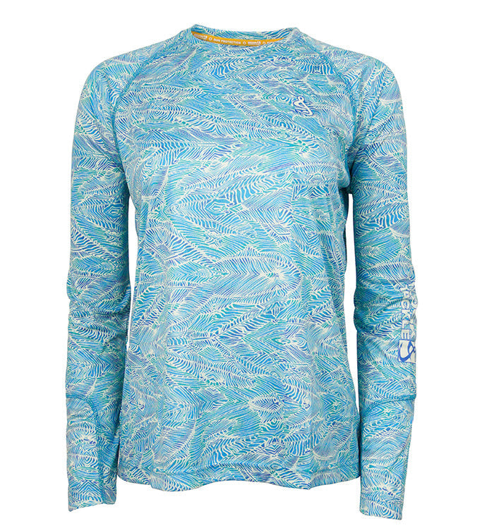 Women's Hook & Tackle Swells long sleeve UV fishing shirt with sun protection, featuring a light blue design.