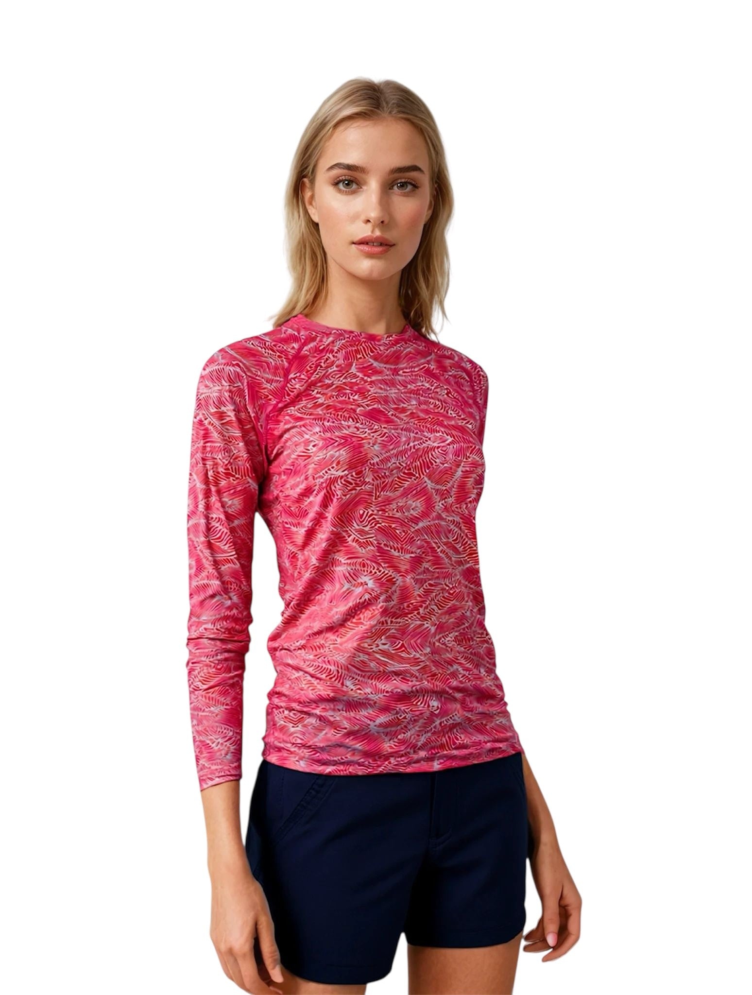 Red women's Swells long-sleeve UV fishing shirt by Hook & Tackle, featuring sun protection and a comfortable fit.