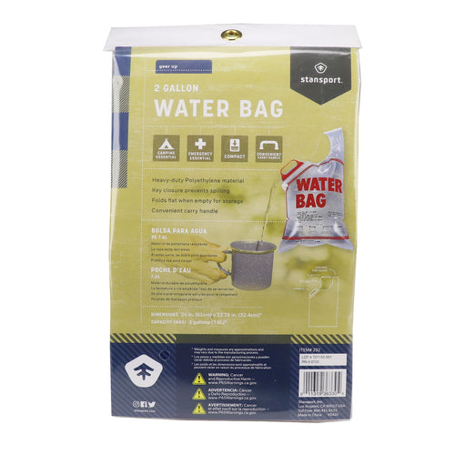 2-gallon food and water storage bag from QuakeKits, flexible plastic container with secure closure for emergency supplies