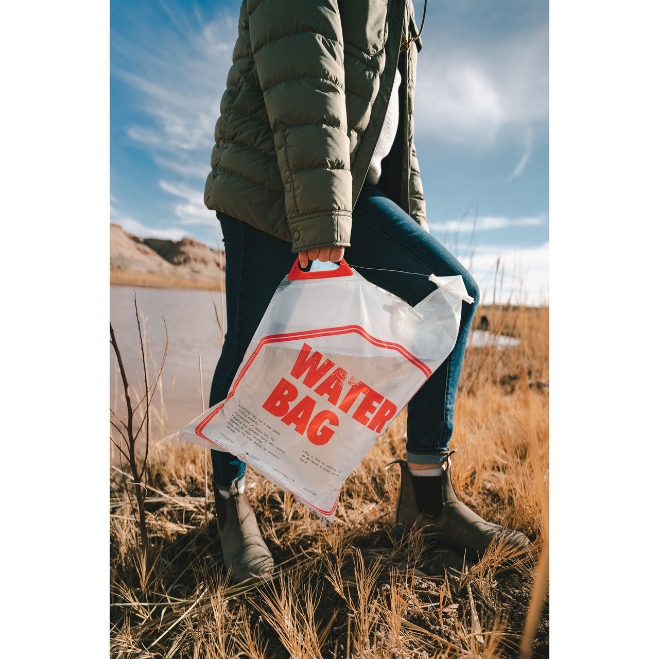 Two-gallon food and water storage bag from QuakeKits, durable and portable for emergency preparedness and outdoor use.