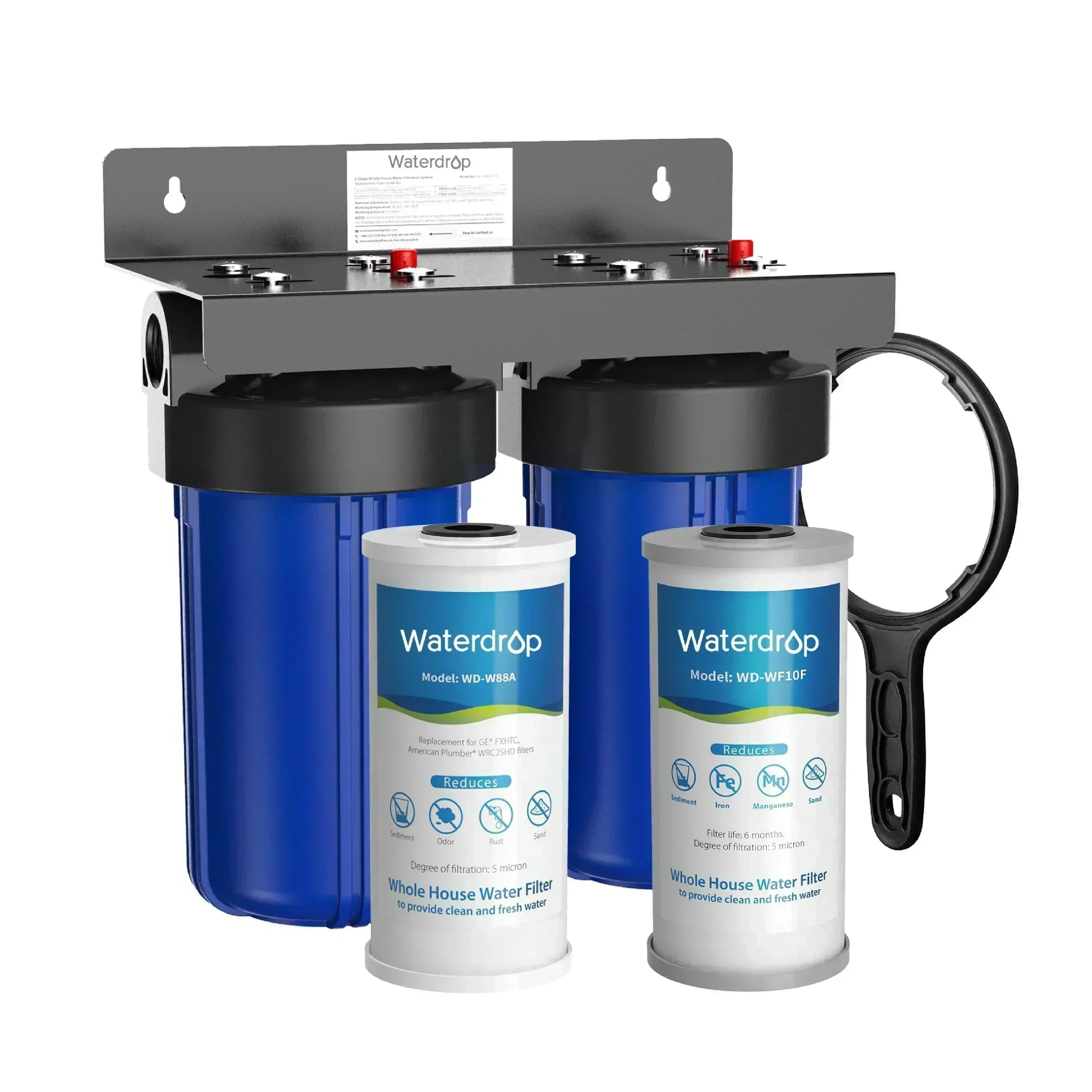 Green Vista Living Waterdrop 2-Stage Whole House Water Filter system with filters installed, designed to reduce iron and manganese.