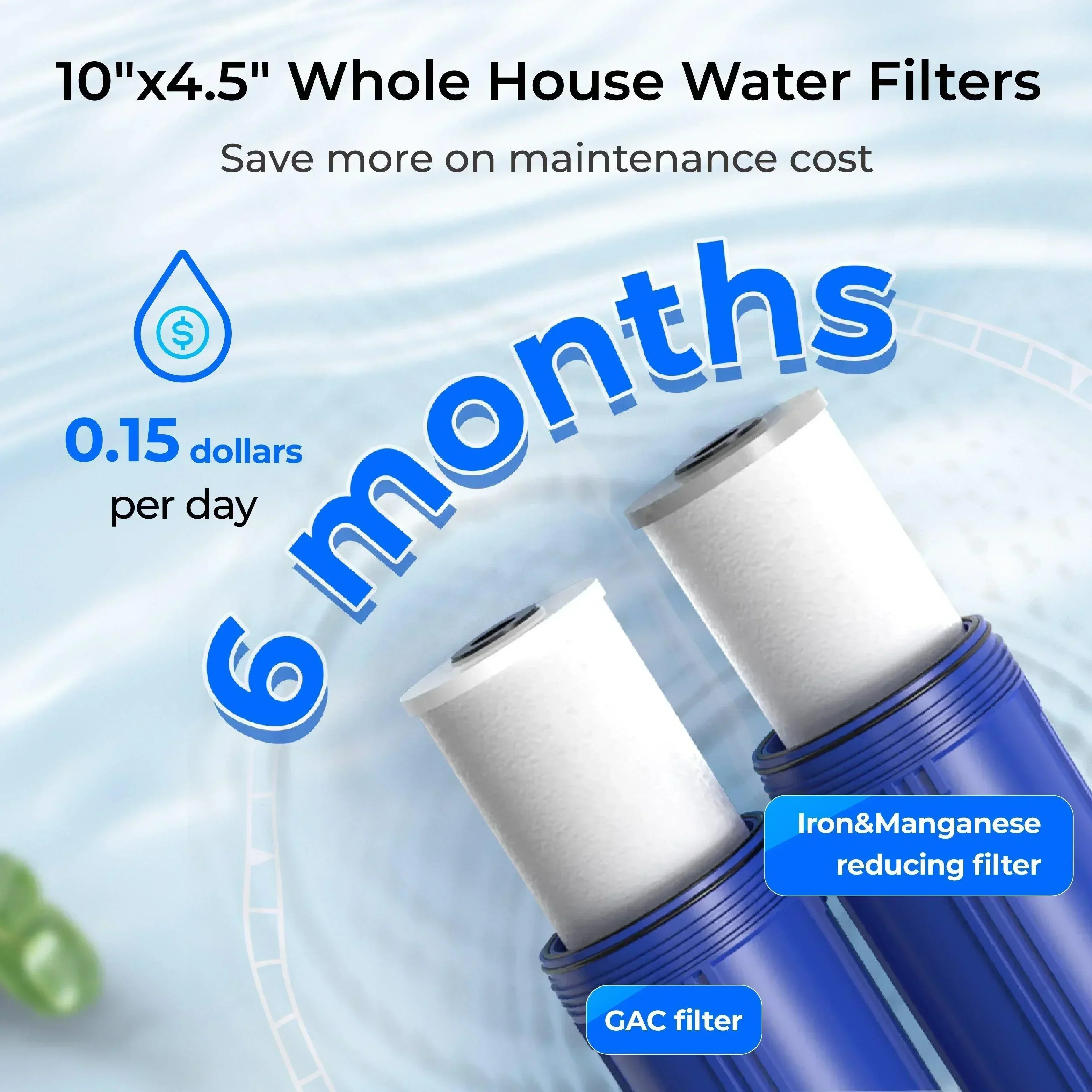 Green Vista Living Waterdrop 2-Stage Whole House Water Filter System reducing iron and manganese, installed in a home plumbing setup.