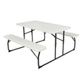 White folding HDPE picnic table with two matching benches, outdoor patio furniture set by HomePacific, suitable for outdoor dining.