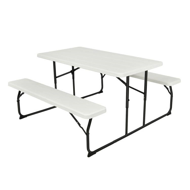 White folding HDPE picnic table with two matching benches, outdoor patio furniture set by HomePacific, suitable for outdoor dining.