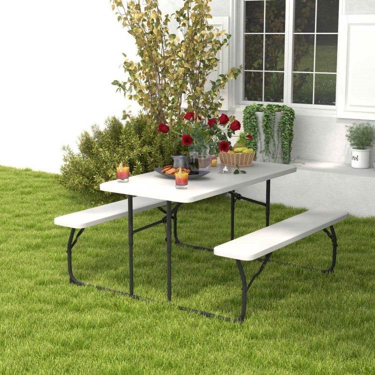White folding HDPE picnic table with two benches, outdoor patio furniture set by HomePacific, ideal for outdoor dining and gatherings.
