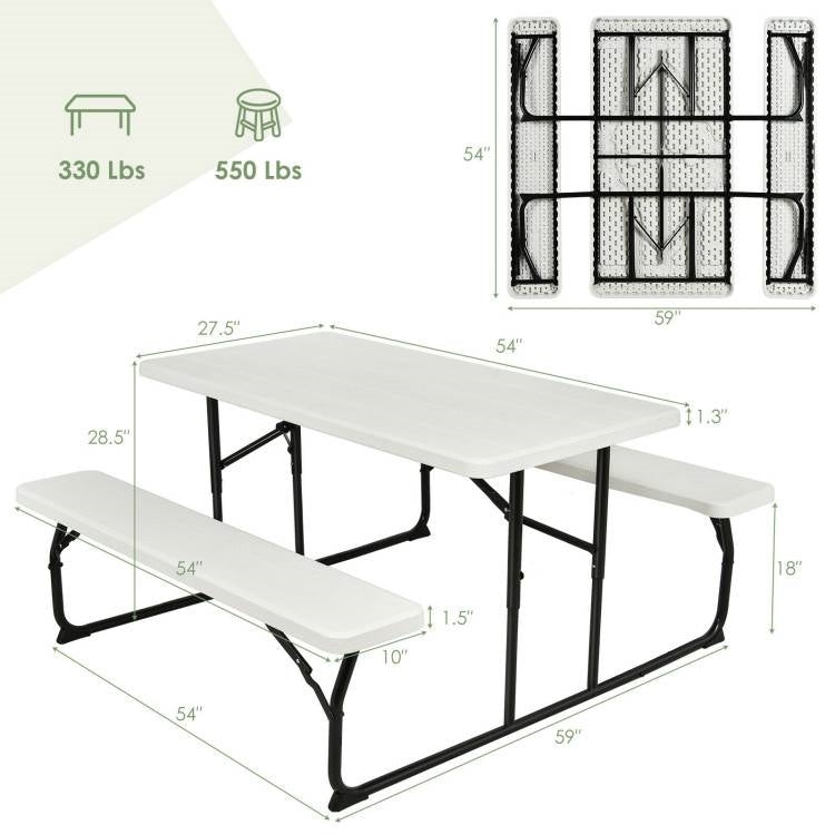Folding white HDPE picnic table with two matching benches, outdoor patio furniture set by HomePacific, ideal for outdoor gatherings.