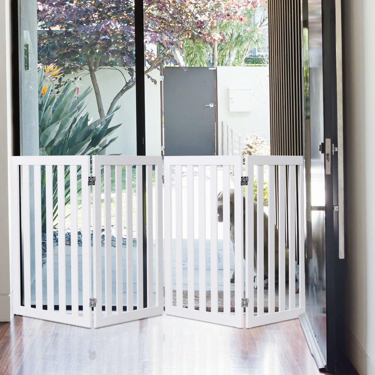 Folding 4-Panel Dog Gate Pet Fence in White Wood Finish - OVERLANDERS Outfitter
