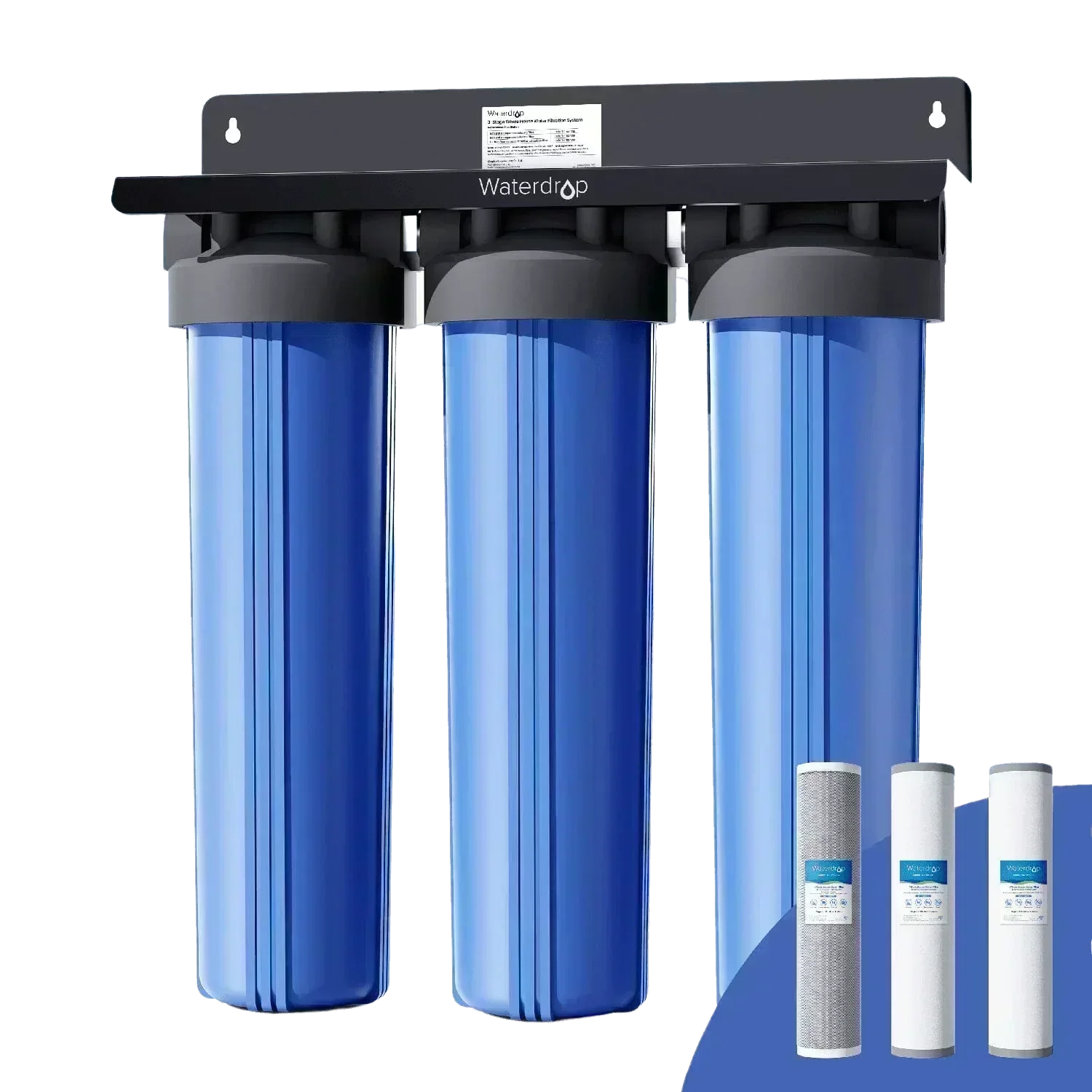 Green Vista Living Waterdrop 3-Stage Whole House Water Filter System reducing iron and manganese in clear view.