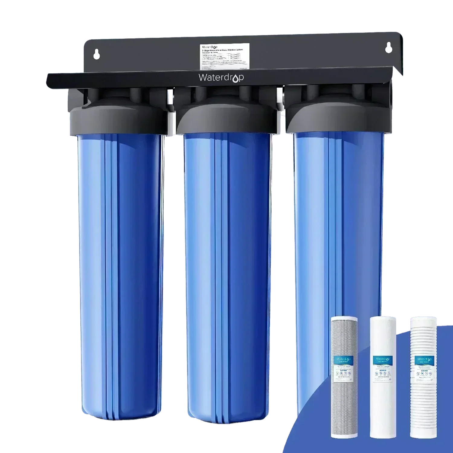 Green Vista Living Waterdrop 3-Stage Whole House Water Filter System with carbon and sediment filters, showing installed unit and filters.