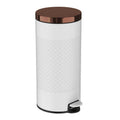 White and gold metal hands-free 8-gallon step-on trash can for kitchen use by HomePacific, featuring a sleek design.