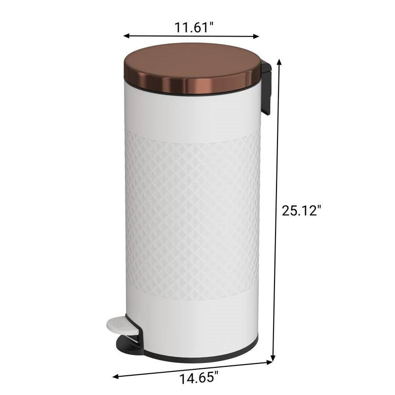 White and gold metal step-on trash can with 8-gallon capacity from HomePacific, featuring hands-free foot pedal operation.