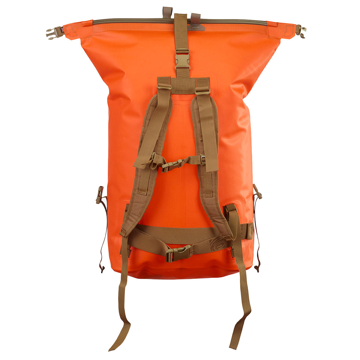 An orange waterproof backpack roll-top bag with tan straps and buckles, shown from the back against a white background.