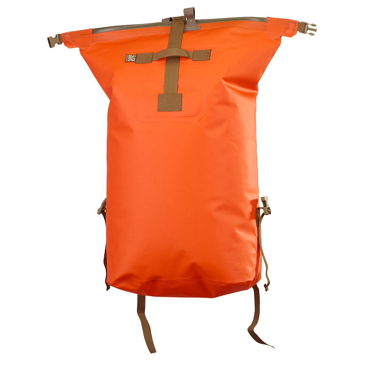 An orange waterproof roll-top backpack shown against a plain white background.
