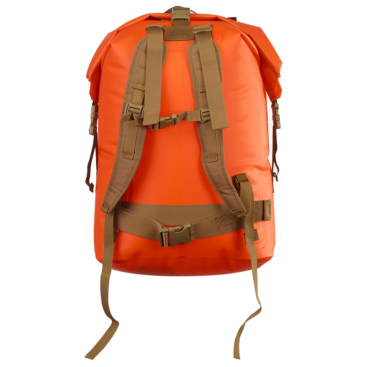 An orange waterproof backpack shown from the back, featuring tan straps, buckles, and compression straps on a plain white background.