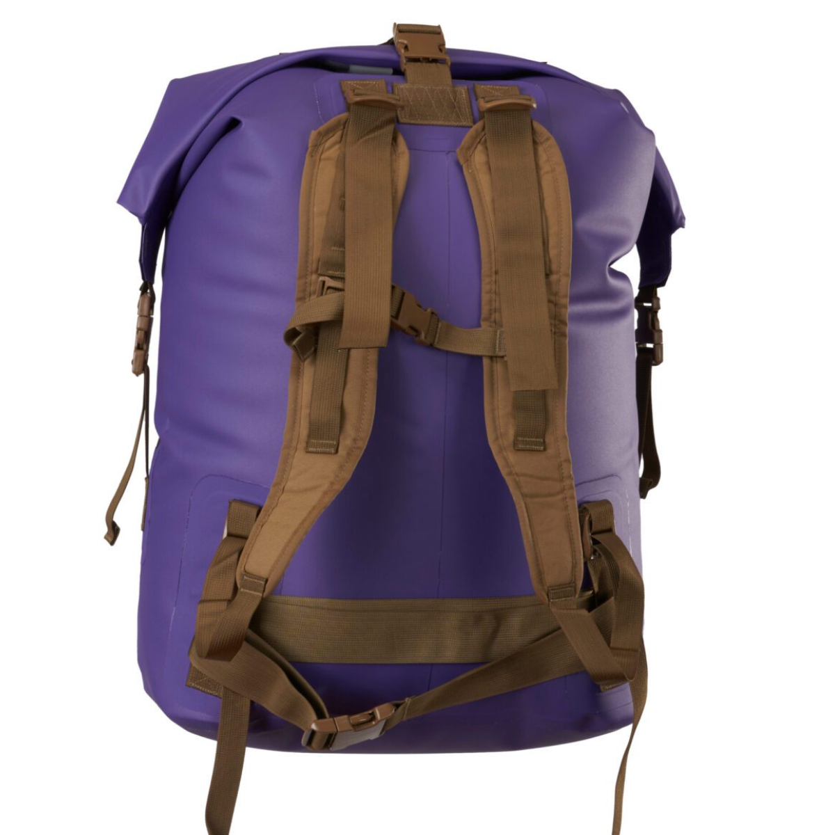 The back view of a purple waterproof roll-top backpack with brown straps and buckles, shown on a solid white background.
