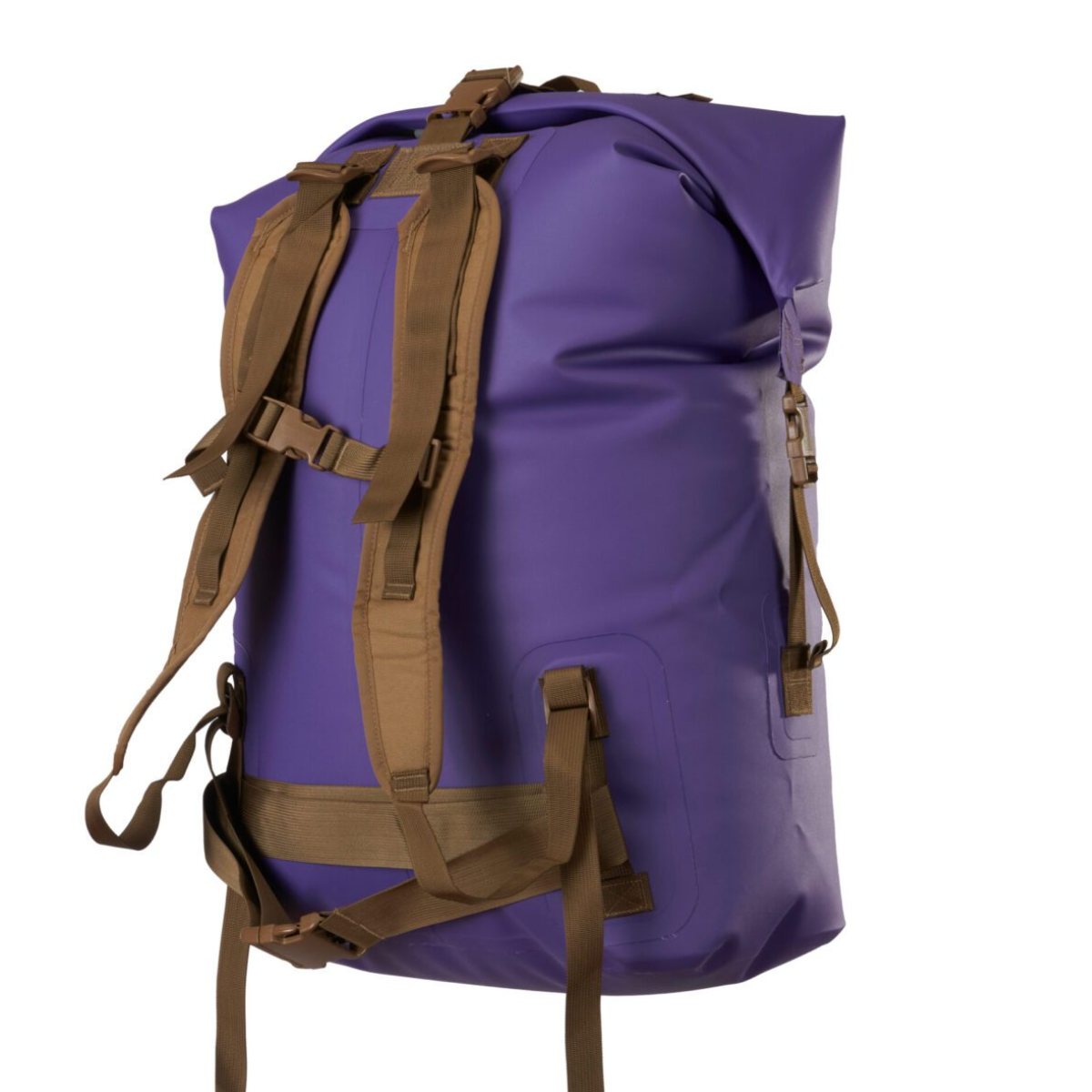 A purple waterproof roll-top backpack with brown straps and buckles, shown from a three-quarters angle on a white background.