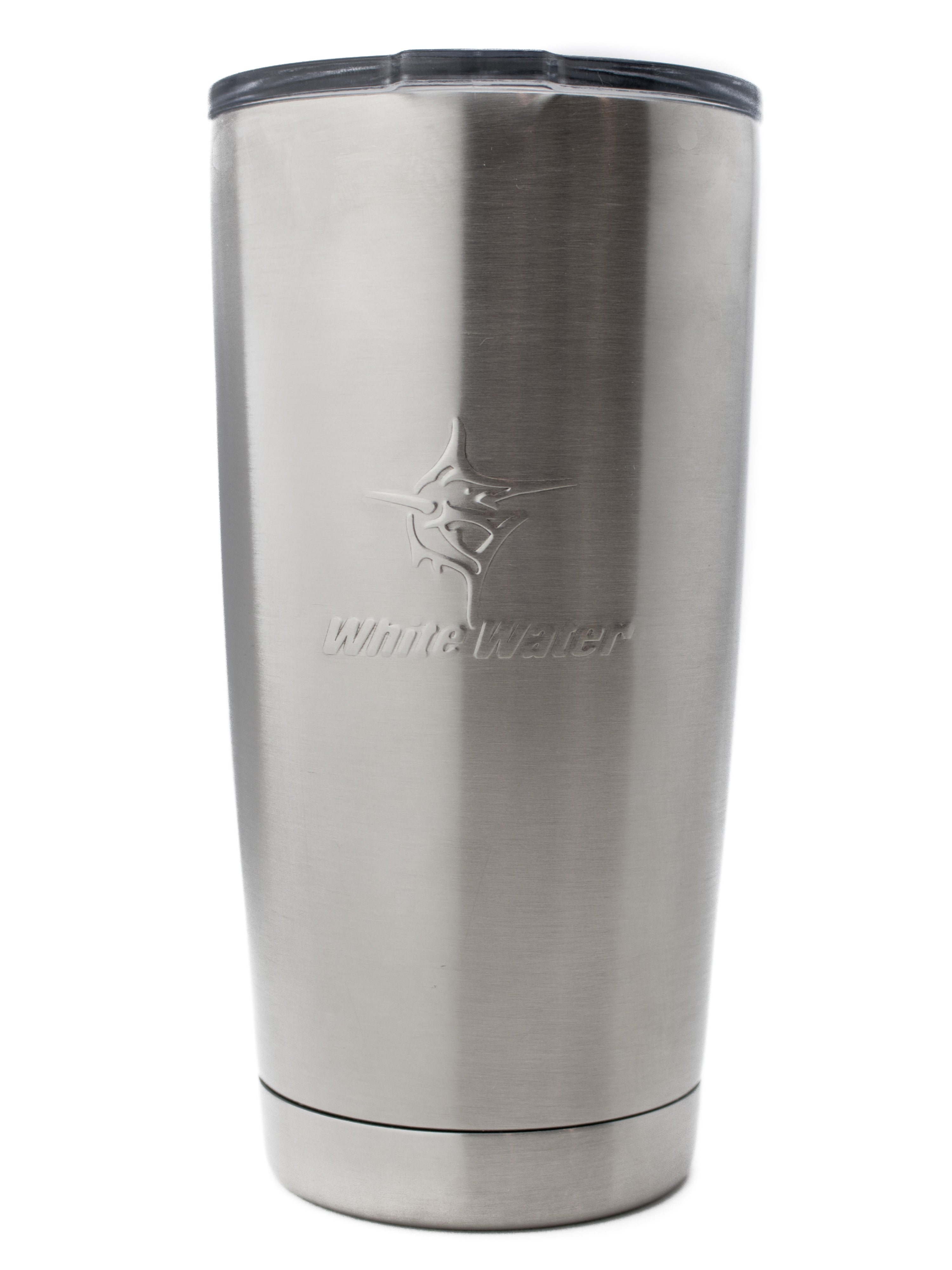 White Water Life 20-ounce simple tumbler with a sleek design and a clear lid, showcasing its durable stainless steel finish.