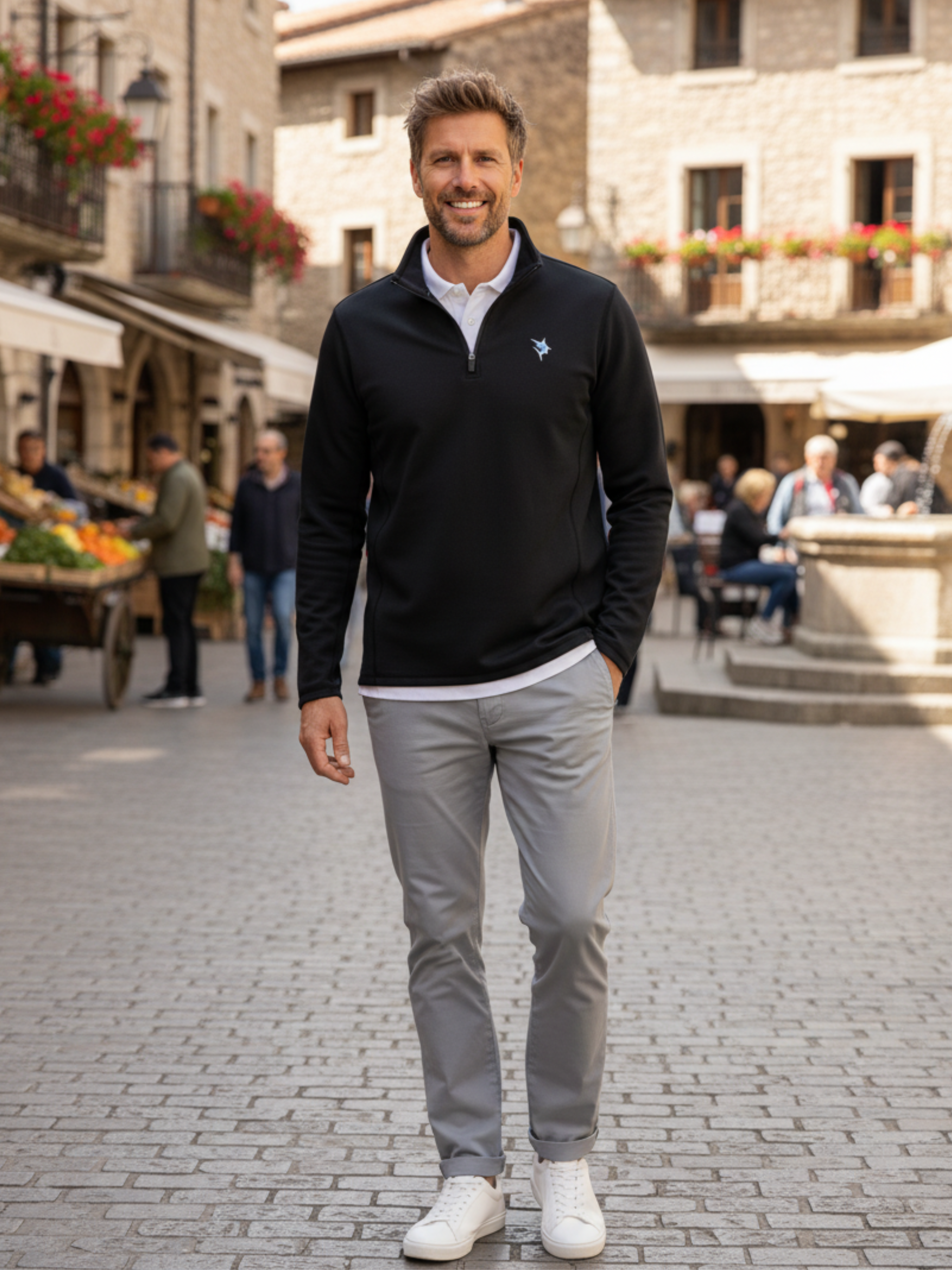 Black White Water Life Montauk quarter zip sweatshirt with a high collar and full front zipper.