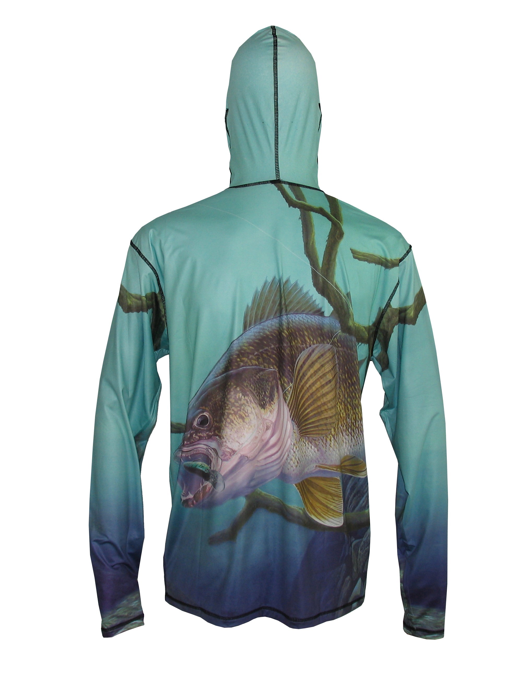 Walleye graphic fishing hoodie by Sunpro from Cognito Brands, Inc., featuring a detailed walleyes design on the back.