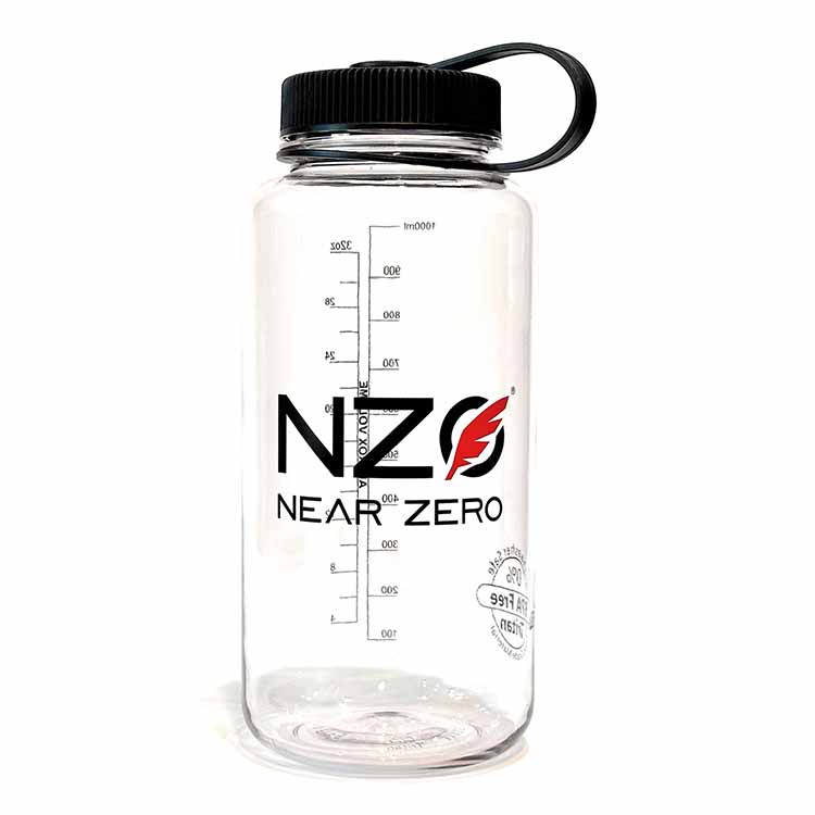Clear 32 oz. wide mouth water bottle from Near Zero Outdoor Gear, suitable for camping and outdoor hydration.
