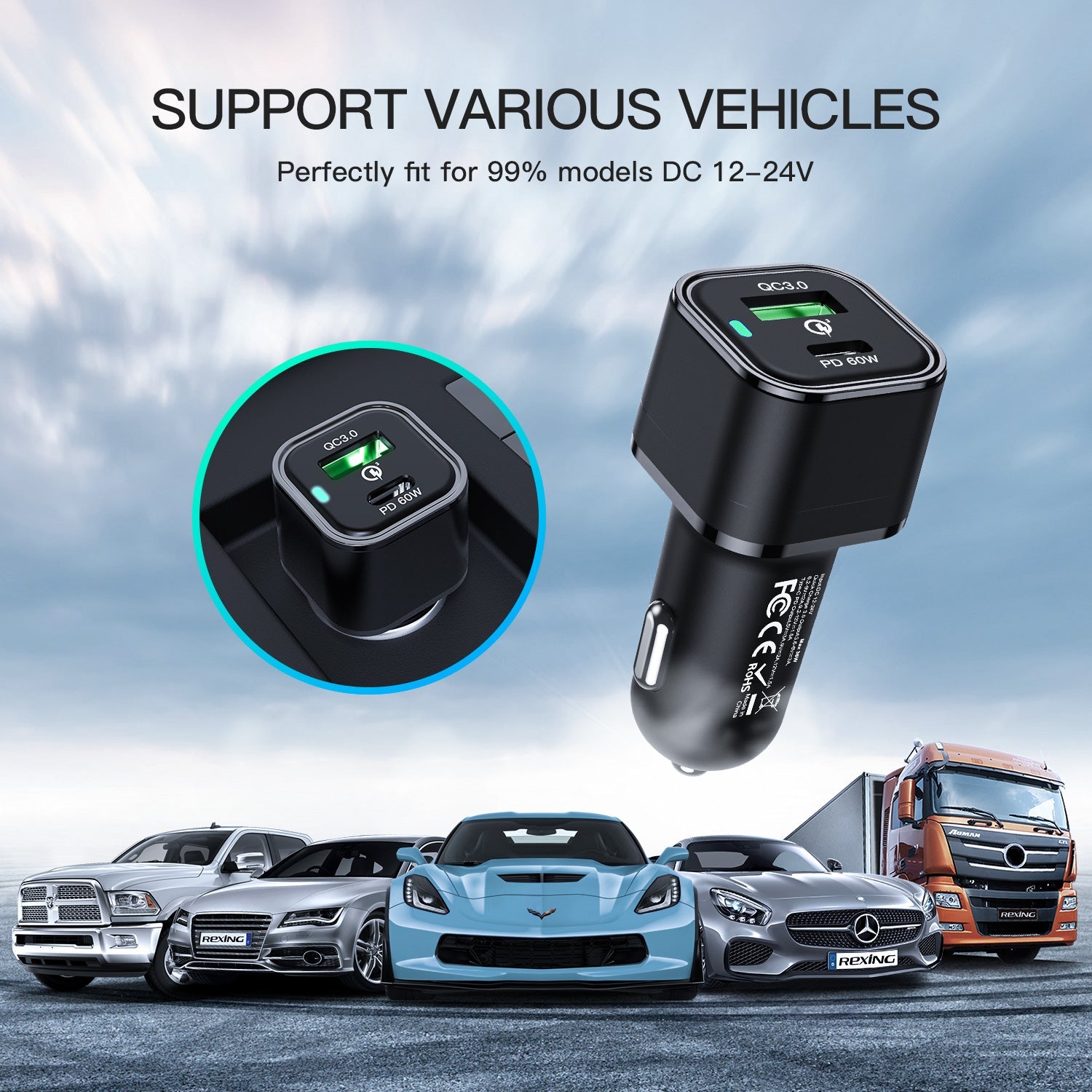 Rexing Jetspeed black 78W PowerDelivery car charger with USB-C and USB cables, designed for fast charging in vehicles.