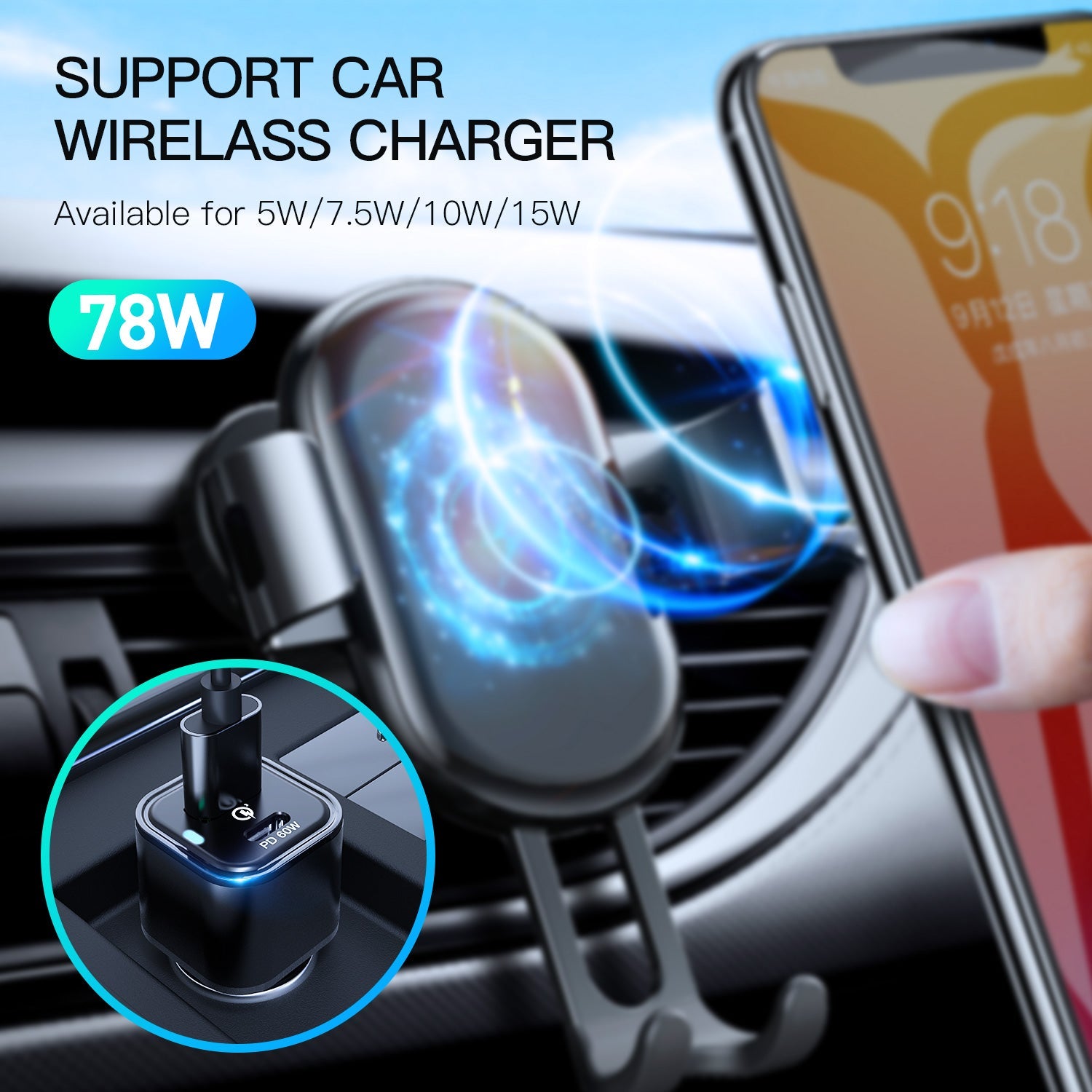 Rexing Jetspeed black 78W PowerDelivery+ USB-C/USB car charger connected to vehicle dashboard with charging cables visible.