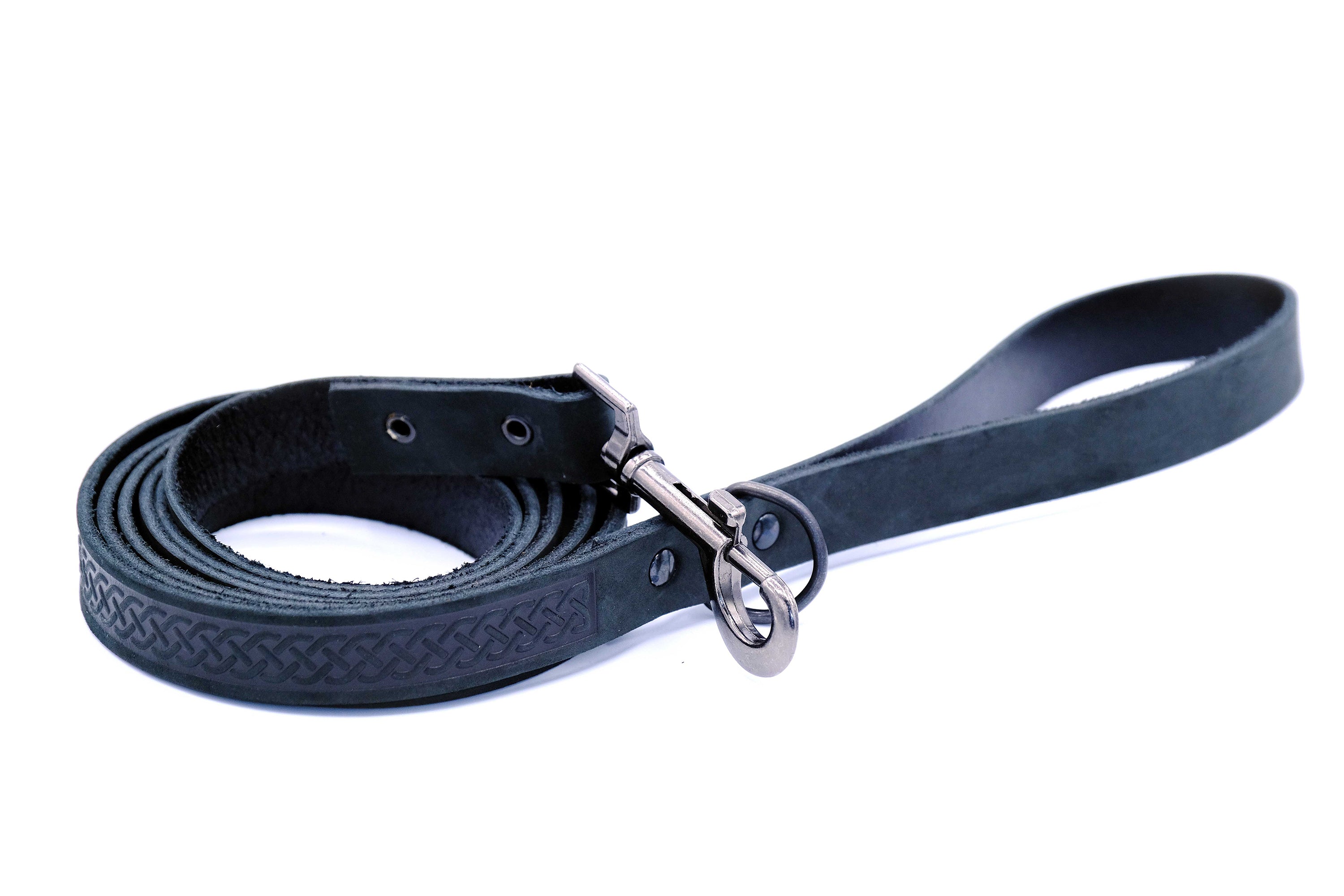 Black leather Celtic Sport dog collar and leash set by Euro-Dog Collars and Leads showing durable leather with Celtic design accents.