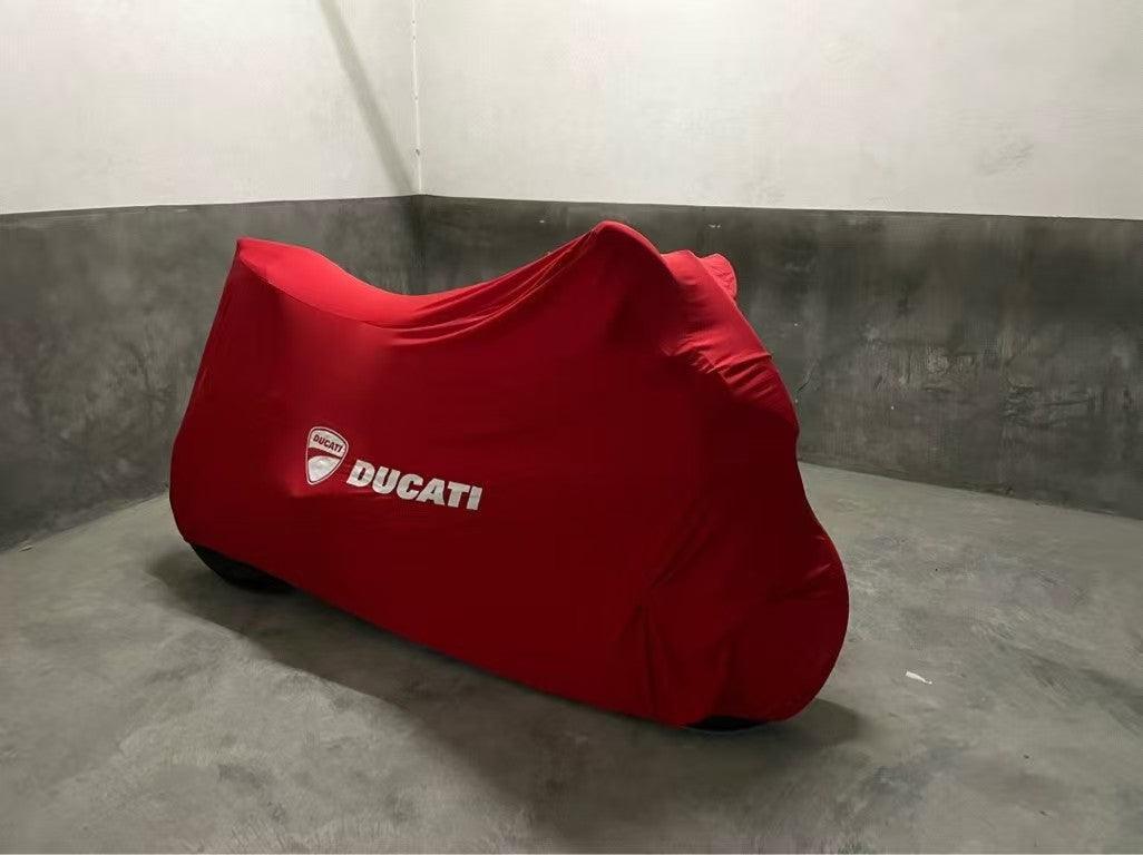Custom made motorcycle velvet stretch dust cover from Bean's Moto Booth, designed to protect motorcycles from dust and dirt.