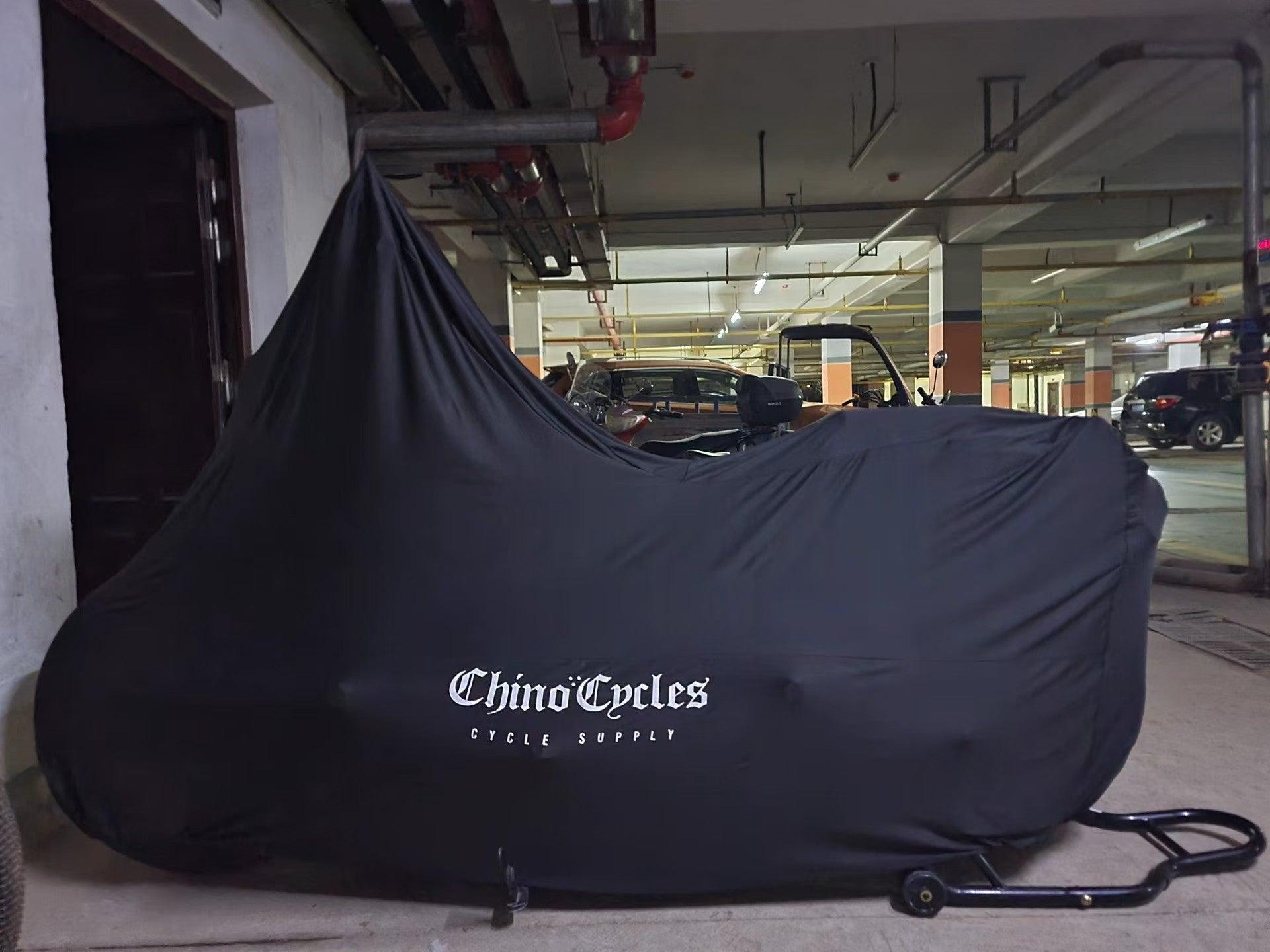 Custom-made motorcycle velvet stretch dust cover from Bean's Moto Booth, designed to protect motorcycles from dust and dirt.