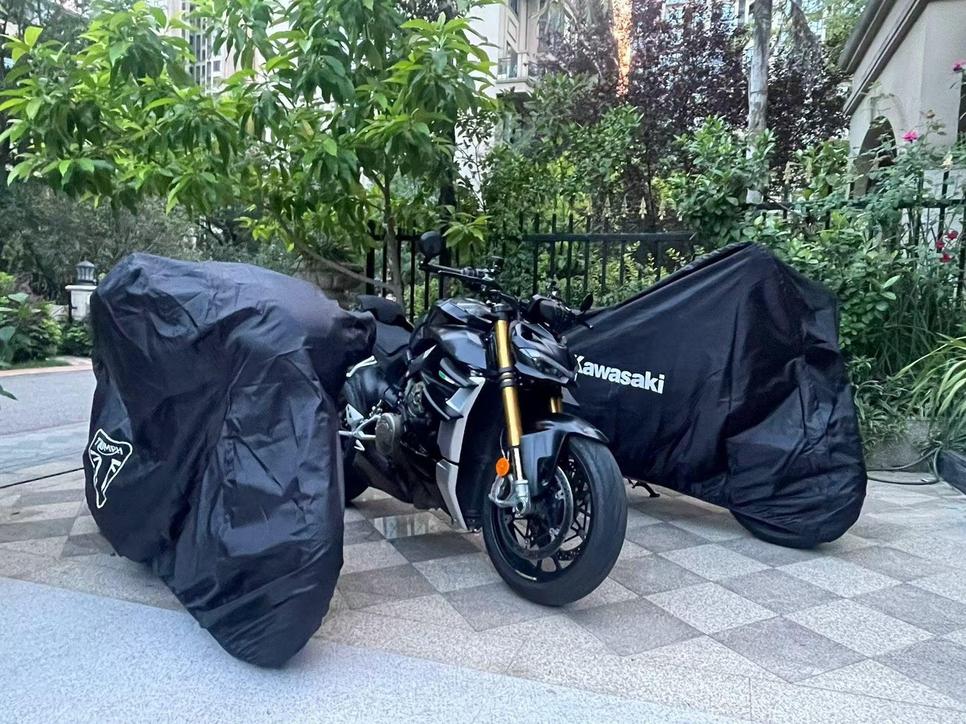 Custom-made motorcycle velvet stretch dust cover by Bean's Moto Booth, designed to protect bikes from dust and scratches.