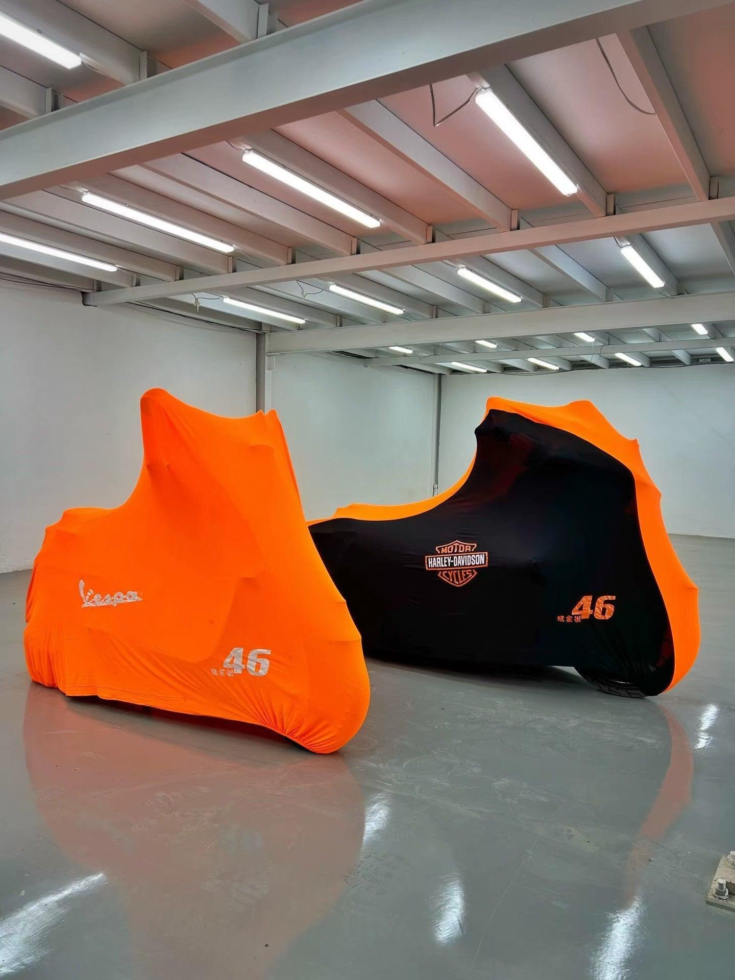 Custom-made motorcycle velvet stretch dust cover by Bean's Moto Booth, designed to protect bikes from dust and scratches.