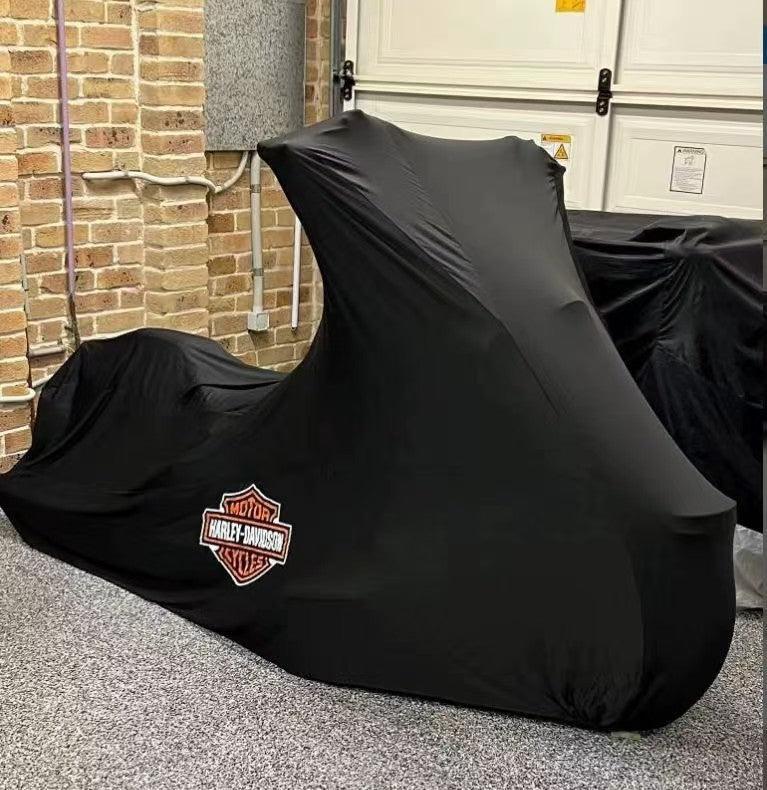 Custom made motorcycle velvet stretch dust cover by Bean's Moto Booth, showcasing a sleek, fitted motorcycle accessory.