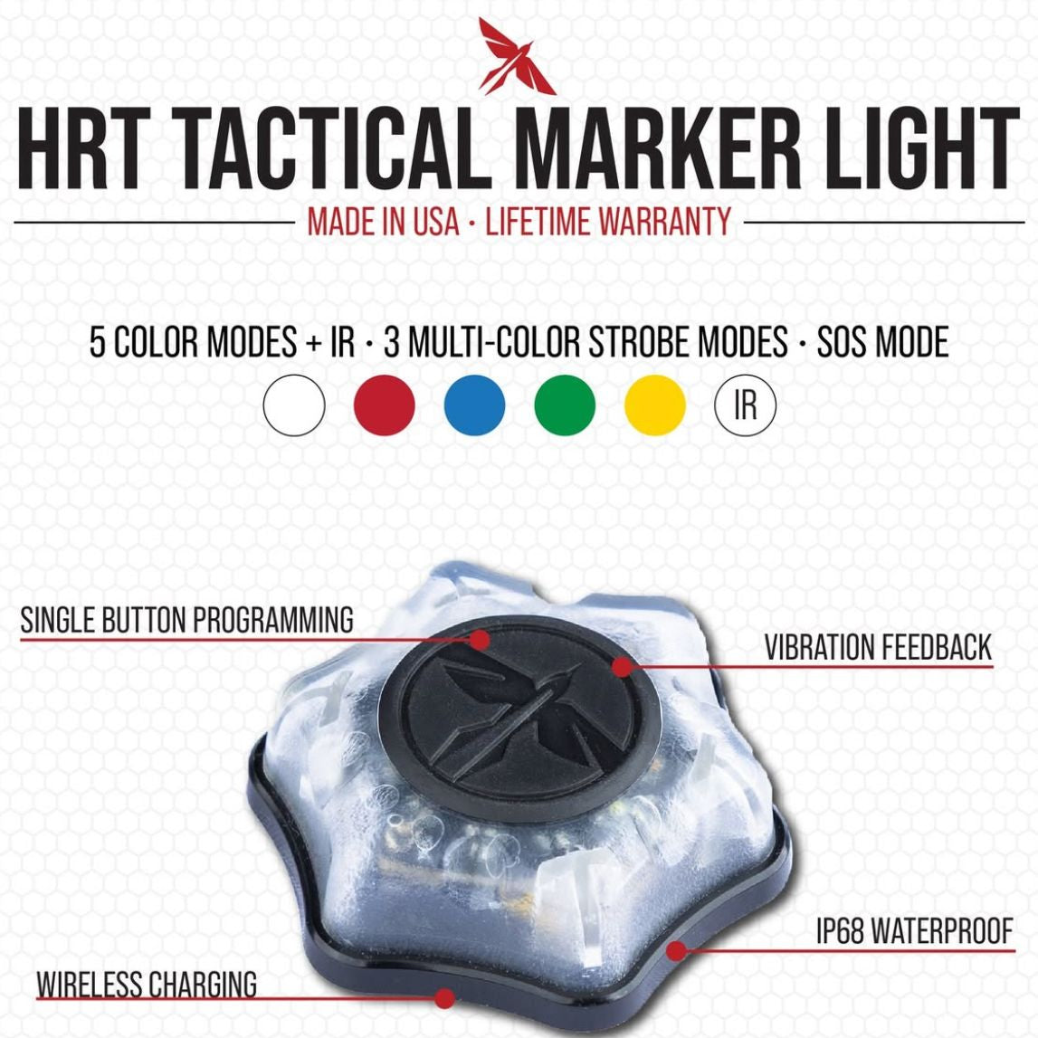 HCC Tactical multi-mode tactical marker light with wireless charging, showcasing its compact design and illumination features.