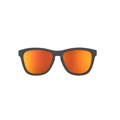 Rare Air Discs Whiskey Shots With Satan OG polarized sunglasses, front view showing black frames and tinted lenses.