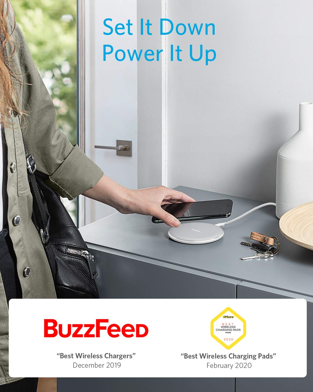 Anker 313 wireless charging pad in white, designed for charging smartphones efficiently without cables.