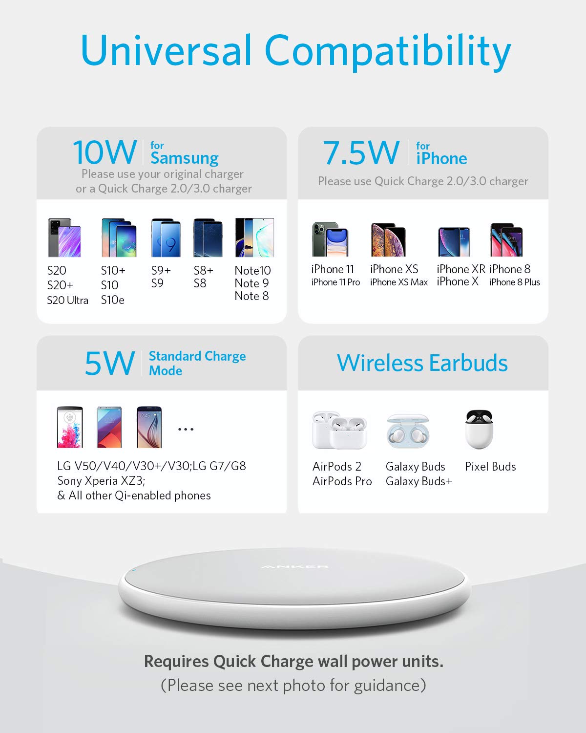 Anker 313 wireless charging pad in white, featuring a sleek design for convenient device charging.