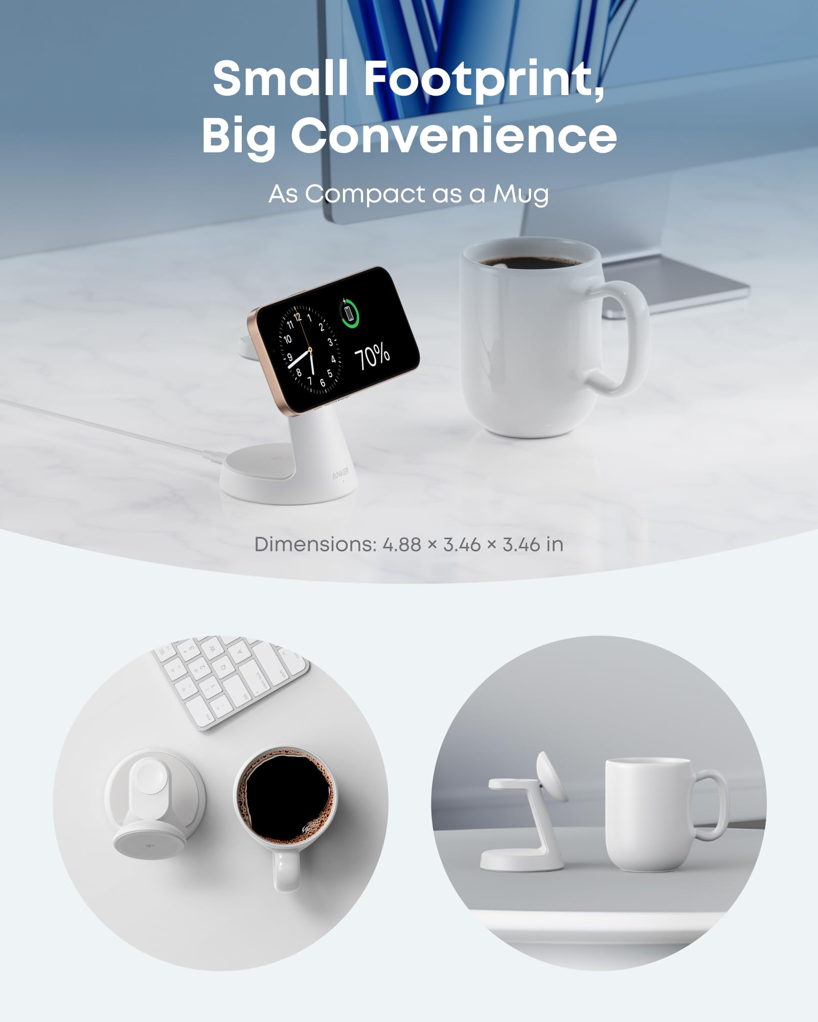 White Anker MagGo 3-in-1 wireless charging station with dock stand for smartphones, earbuds, and smartwatch.