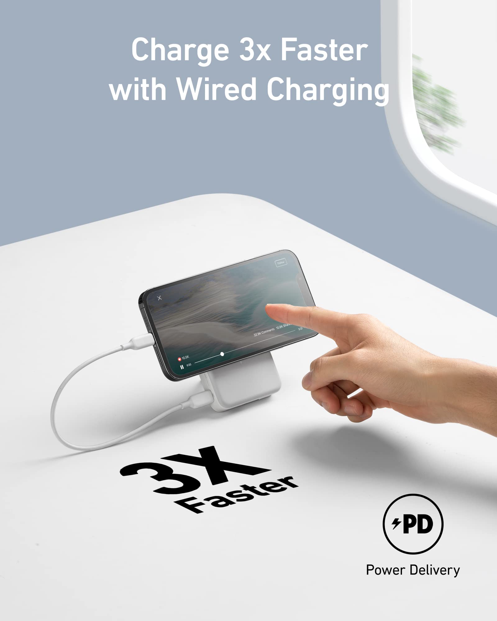 White Anker 633 Magnetic Battery charger, compact portable power bank with magnetic charging capability.