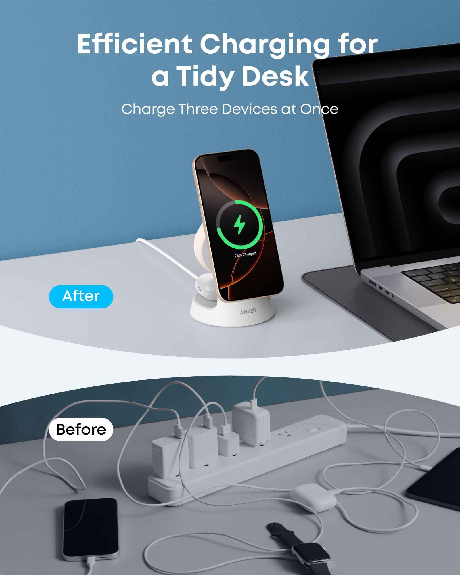 Anker MagGo wireless charging station 3-in-1 dock stand in white, with multiple charging pads for smartphones and accessories.