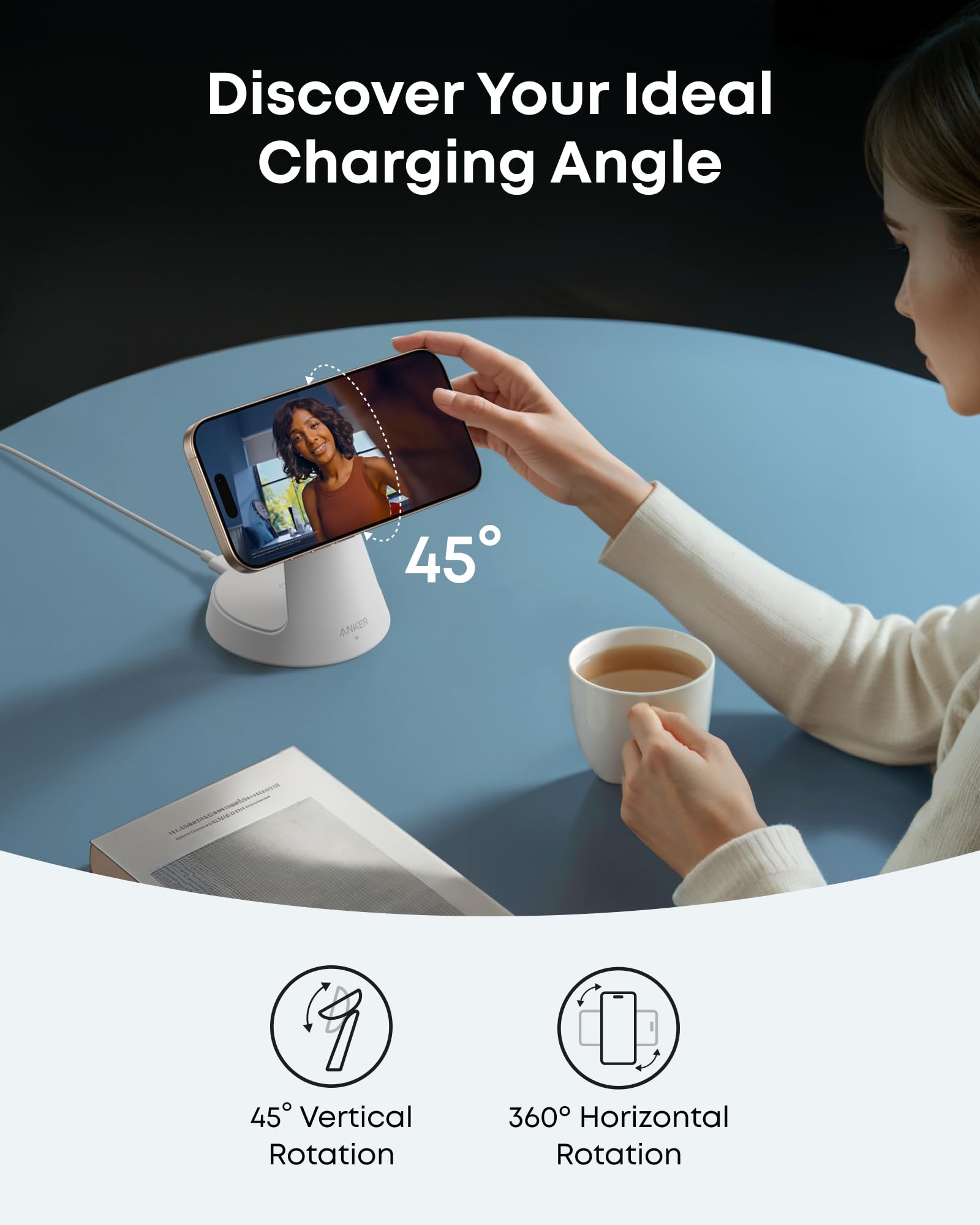 Anker MagGo 3-in-1 wireless charging station with white dock stand for iPhone, Apple Watch, and AirPods.