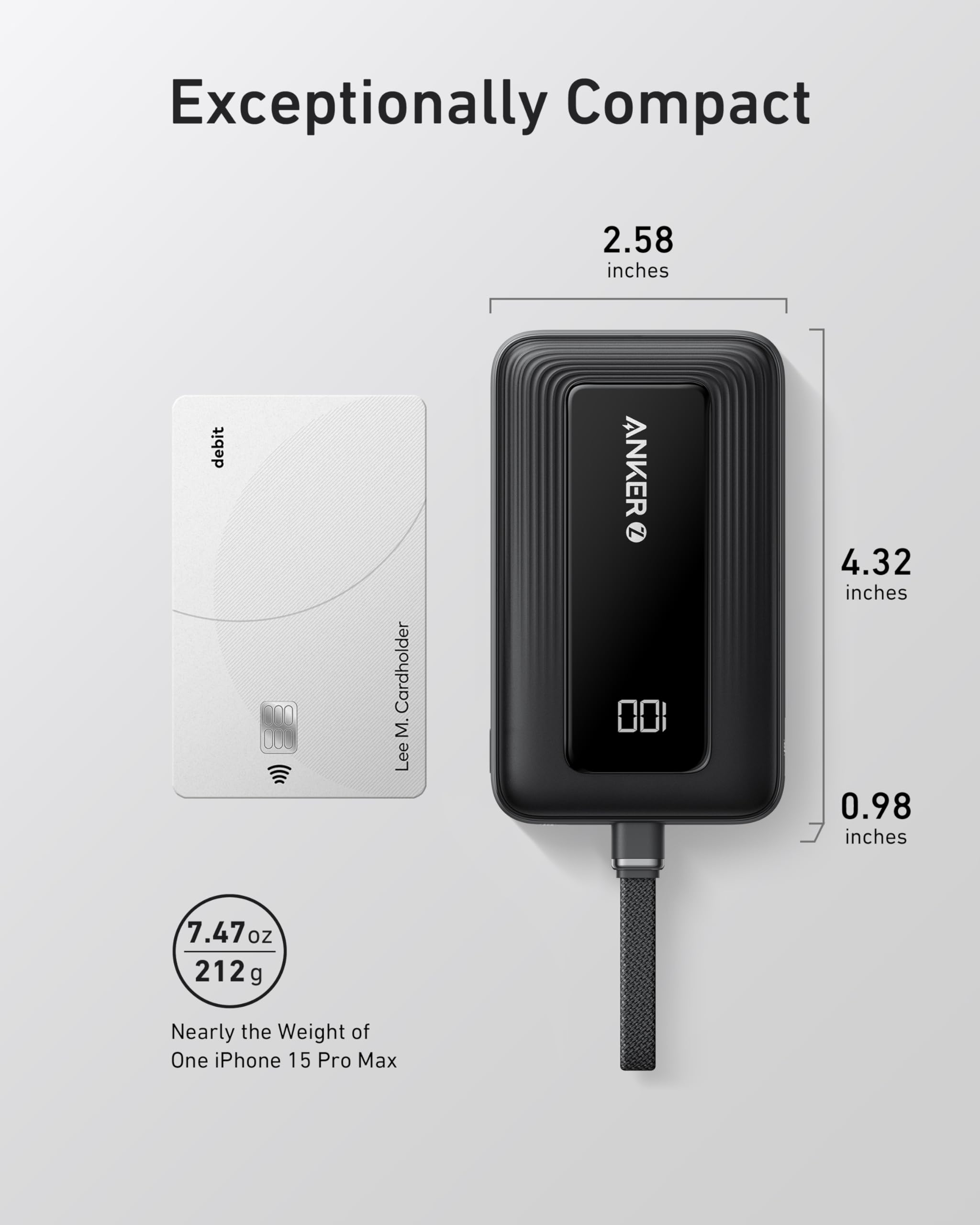 Anker Zolo 10K 30W power bank with built-in 5.4-inch USB-C cable, white portable charger for smartphones and devices.