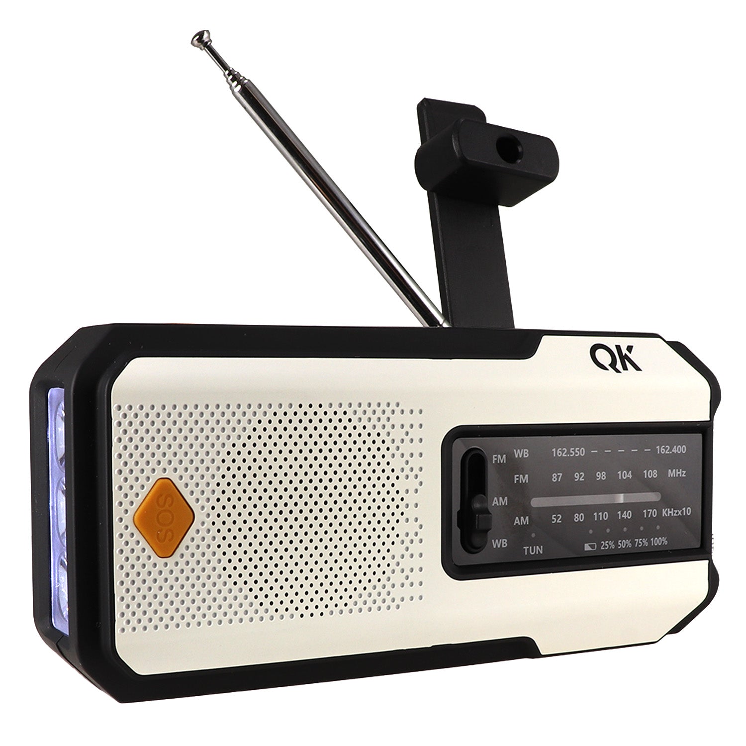 White 4-in-1 NOAA weather radio with SOS siren, solar panel, flashlight, and USB charging for emergency communication and light.