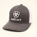 Gray and white Ariat trucker hat with mesh back and curved brim, showcasing casual headwear style.