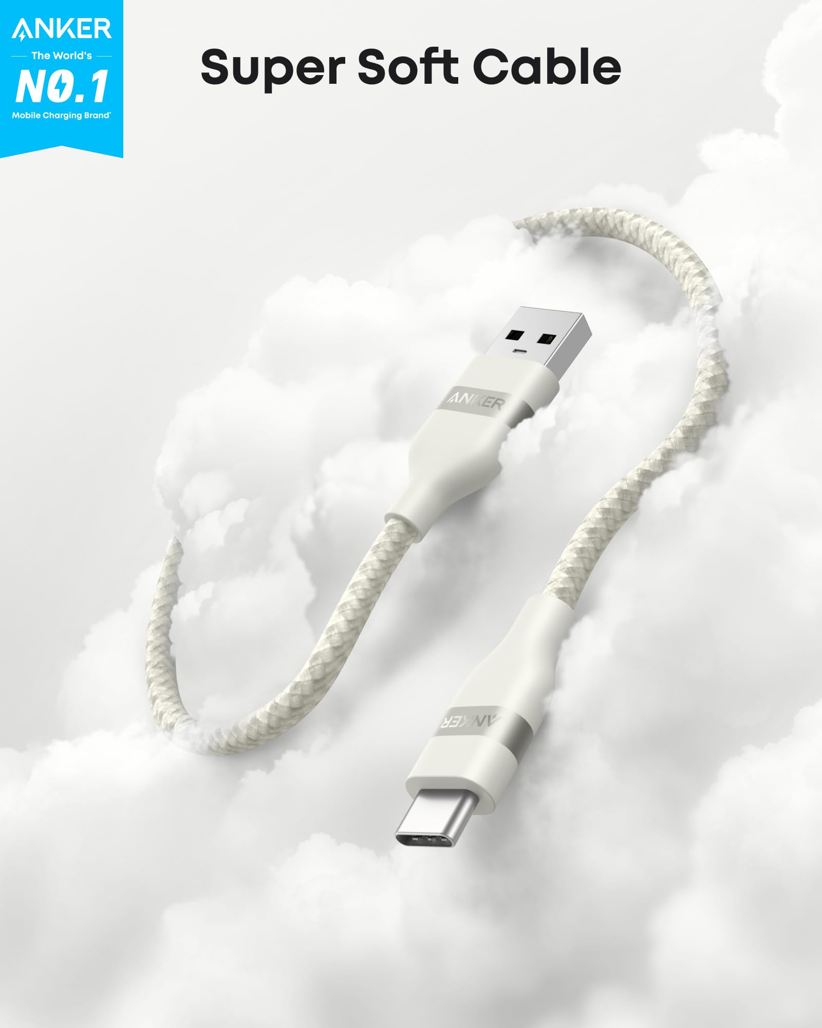 Anker upcycled braided USB-A to USB-C cable in white, 6 feet long, shown coiled with reinforced braided design.