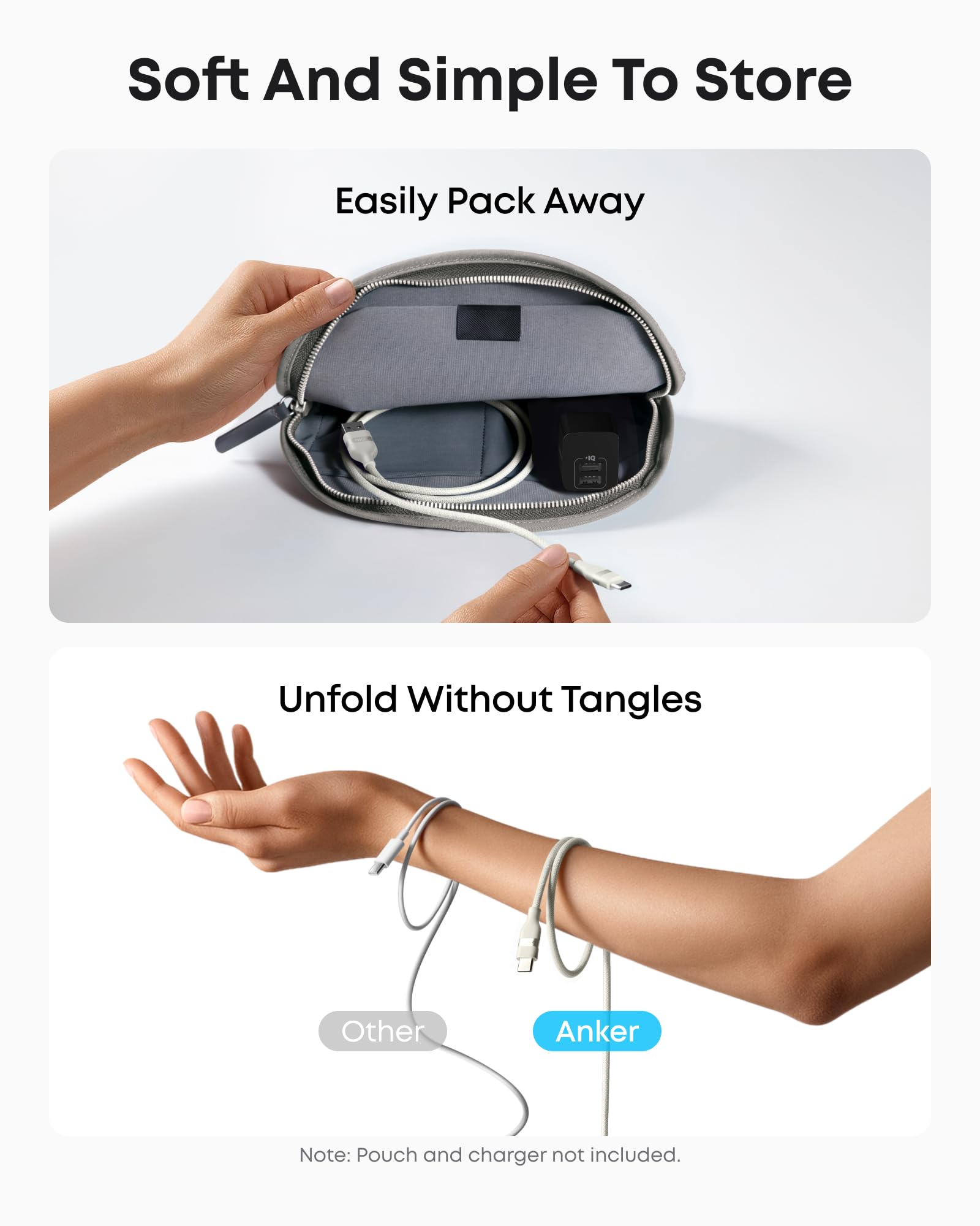 White Anker USB-A to USB-C upcycled braided cable, 6 feet long, showing the durable braided design and connectors.