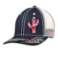 White trucker cap with navy and white cactus stripe design, ARIAT Offset Cactus logo, breathable mesh back, adjustable snap closure