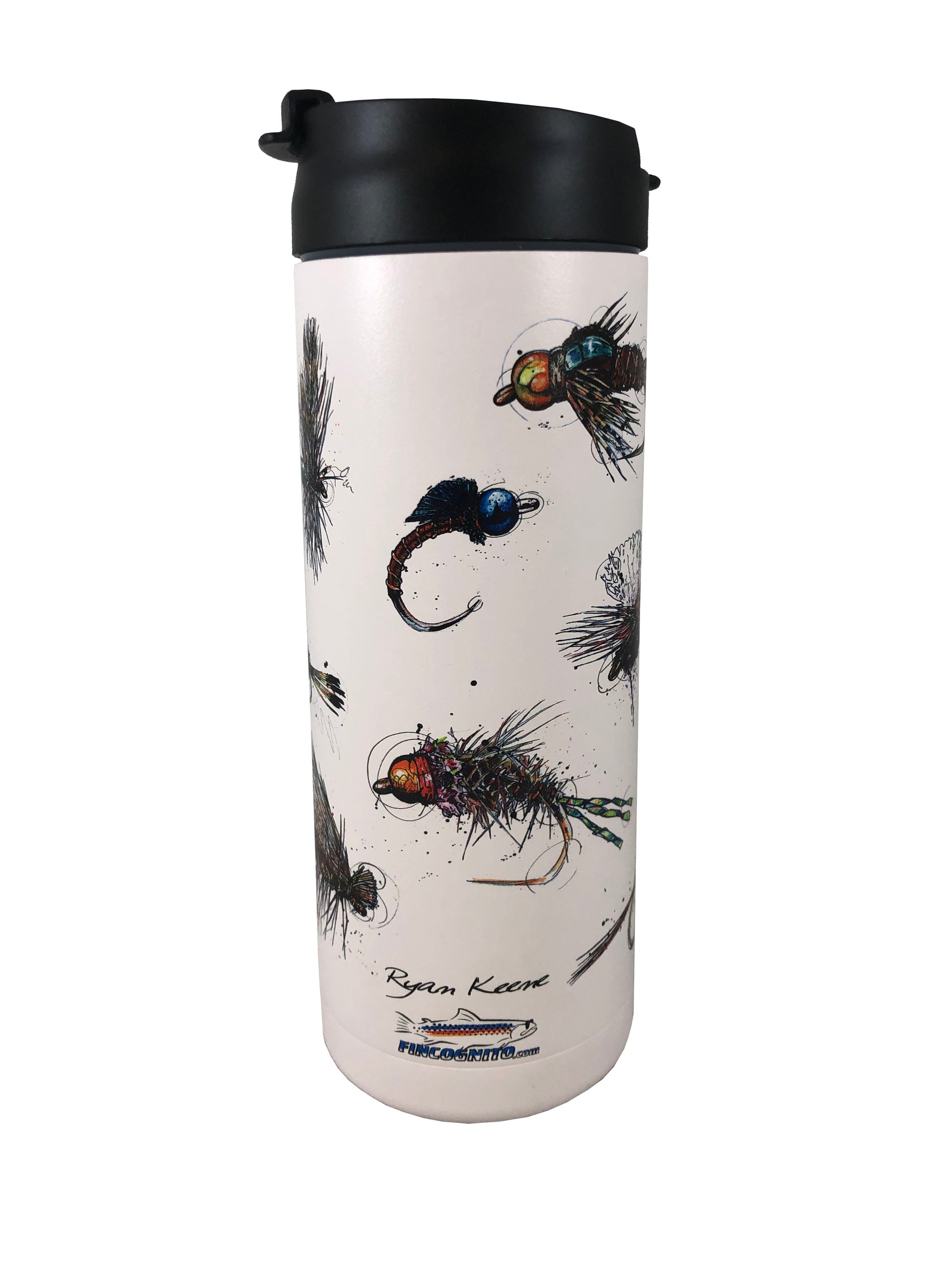 White 20 oz. Flies hot and cold beverage bottle by Cognito Brands, Inc., with a fly design on the white background.