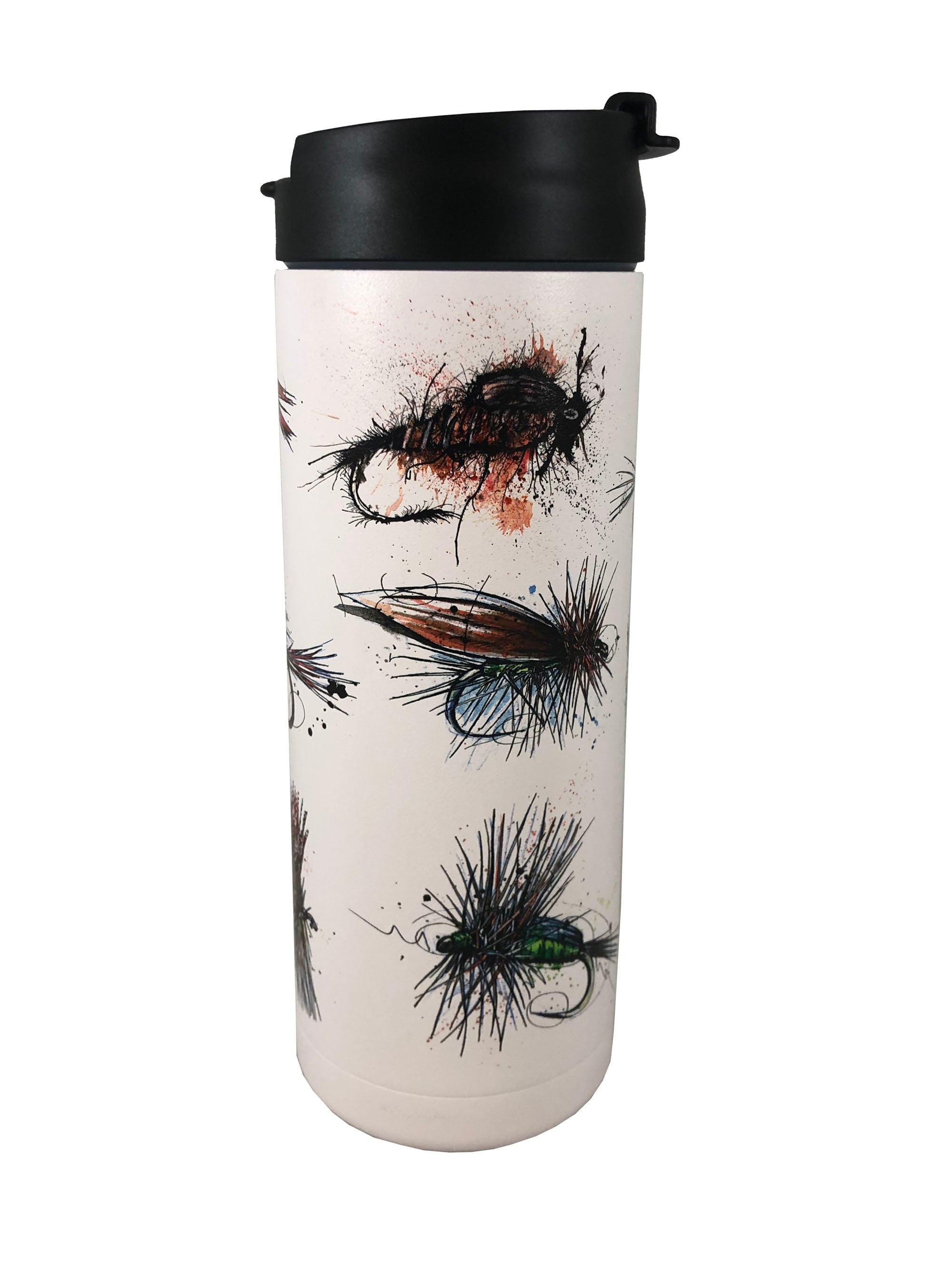 White 20 oz. Flies hot/cold beverage bottle by Cognito Brands, Inc. with a fly graphic design on the front.
