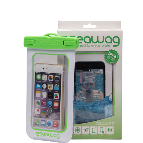 White waterproof smartphone case from Vamo Life's White Collection with green accents, designed to protect your phone from water.