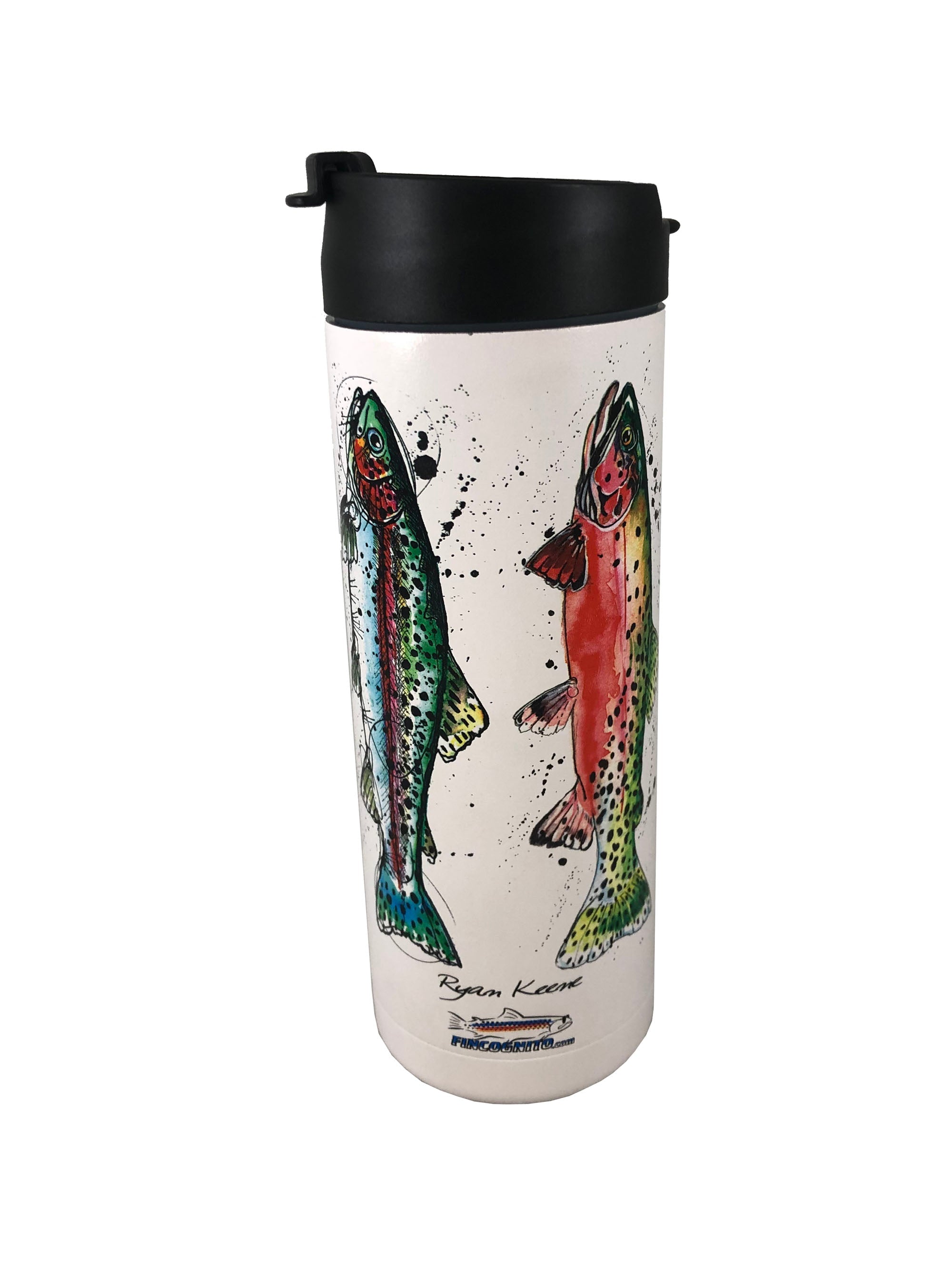 White 20 oz. Grand Slam hot and cold beverage bottle by Cognito Brands, Inc. with a trout coffee design on the back.